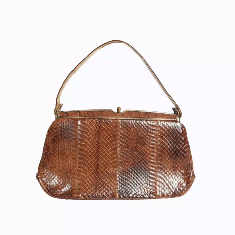 Vintage 1950s brown snake skin kelly bag purse